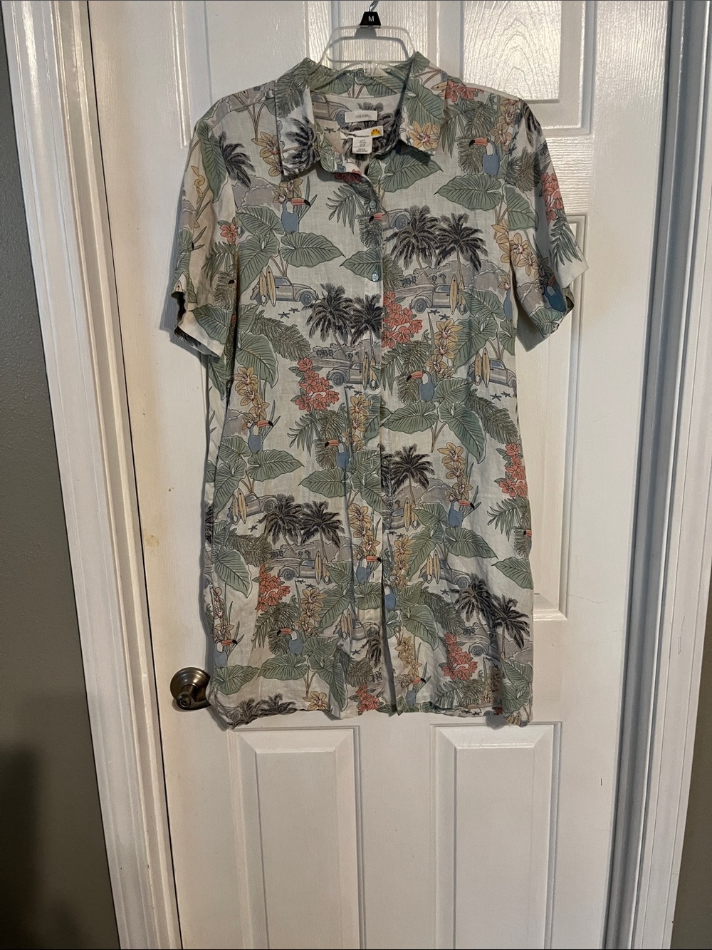 C&C California Linen Tropical Print Shirt in Sage, Coral & Cream